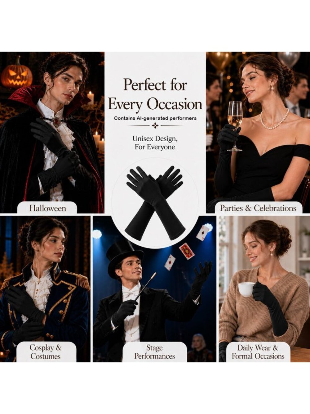 Men's And Women's Coffee 15'' Elbow Length 20s Stretchy Cosplay Costume Gloves - Picture 3 of 5